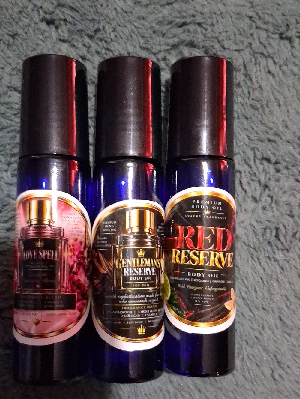 Premium Body Oil Trio — Blue Bottle with Red, Gold & Pink Labels 3 Body Oils